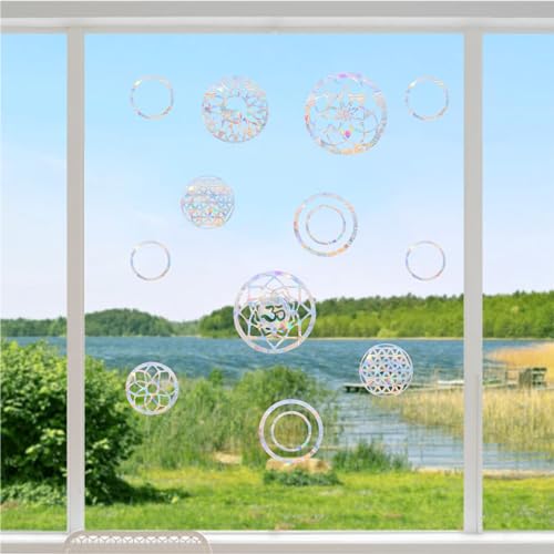 Shawula SHAWULA-011 18Pcs Mandala Window Clings Anti-Collision Window Decals To Save Birds From Window Collisions,Non Adhesive Prismatic Vinyl Window Clings Rainbow Stickers thumb #3