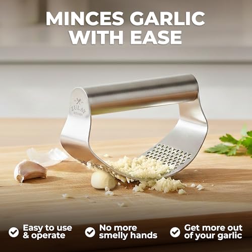 Image of Zulay Kitchen Stainless Steel Garlic Press Rocker Set - Time Saving, Durable Strong Garlic Mincer Tool - Easy to Use & Clean Garlic Crusher Set with Peeler and Scraper Kitchen Gadget Smasher