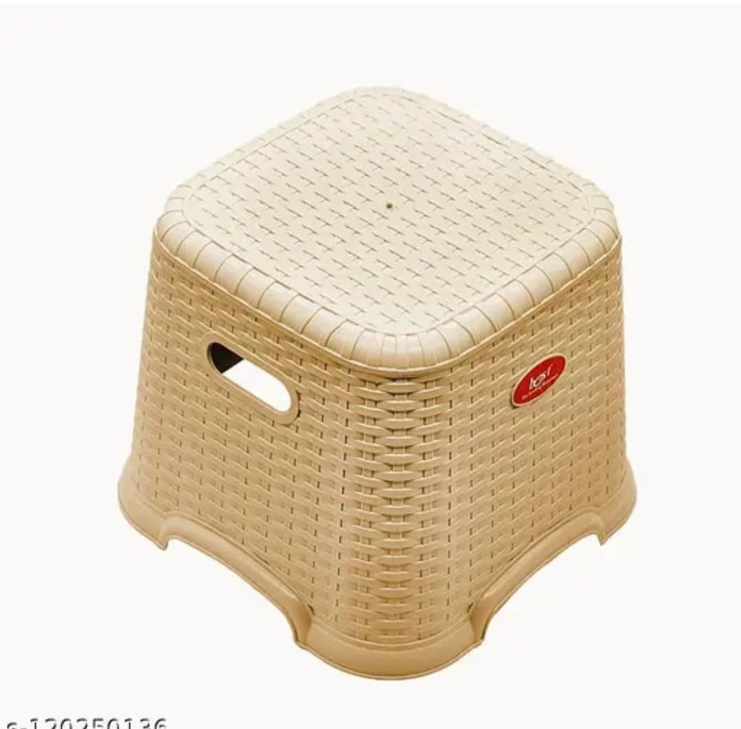 Plastic Bathroom Stool, Beige, Wicker Design, Non-Slip, Multipurpose Step Stool-image-46