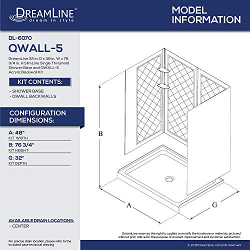 DreamLine 32 in. D x 48 in. W x 76 3/4 in. H Center Drain Acrylic Shower Base and QWALL-5 Backwall Kit In White, DL-6070C-01