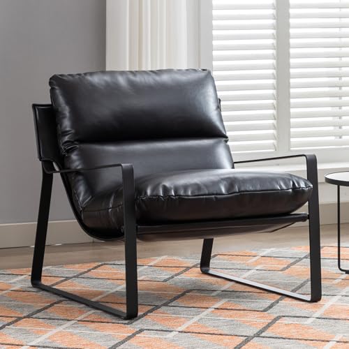 Ya-Home Fauteuil de Salon Moderne en Cuir PU Fauteuil Chambre Confortable avec Cadre en Métal, Chaise Relax pour Salon/Chambre, Noir