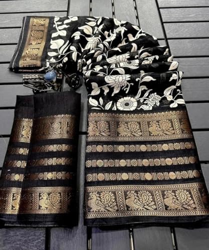 Image of SuperLaxmi Women's Floral Printed Dola Silk Saree with Blouse Piece