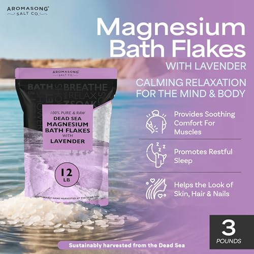 Aromasong RAW Magnesium Bath Flakes with 100% Natural Lavender, 12 Lb. Bulk Muscle Relaxing Organic Salts Mg Chloride, Mineral Soak Salt.