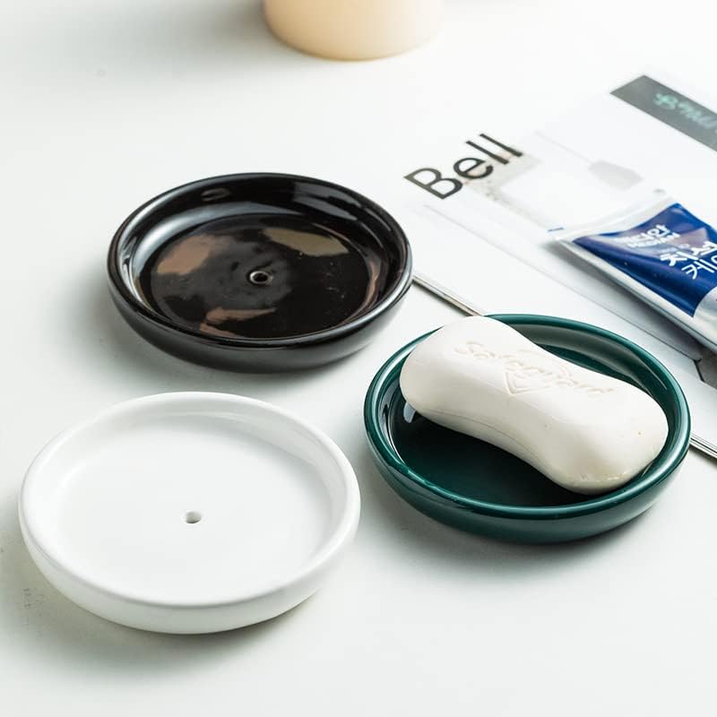 Miniatura 2 de Jabonera redonda autodrenante, pequeña bandeja de cerámica, lindo plato de joyería, mantiene el jabón seco y decoración del baño (negro)