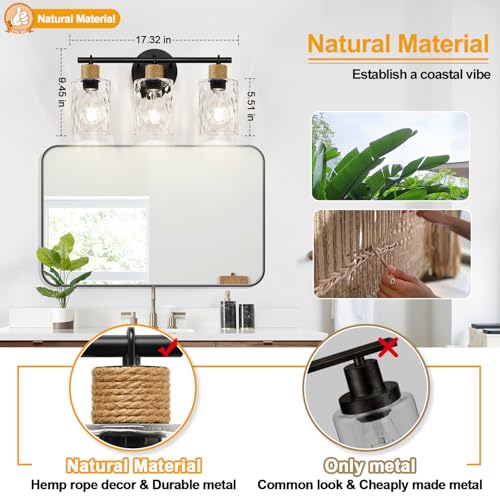 MOKATNG Bathroom Light Fixtures, 3-Light Coastal Vanity Lights with Crystal Glass Shade, Black Bathroom Wall Lamp for Mirror Kitchen Hallway Cabinet - Image 3