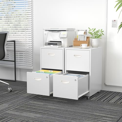 SteeLoong 2 Drawer File Cabinet with Lock,White Rolling File Cabinet for Home Office, Metal Small Mobile Filing Cabinets on Wheels for Hanging Letter