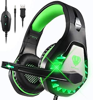 DIWUER Gaming Headset for Nintendo Switch, PS4, Xbox One with Noise Cancelling Mic, Soft Earmuffs Surround Sound Over Ear Headphones with LED Light for PC, Mac, Laptop (Green)
