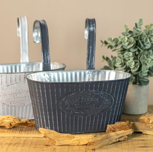 DARO DEKO Metall Hängetopf grau mit 2 Henkel 25 x 13cm Blumentopf hängend Balkon Pflanz-Schale