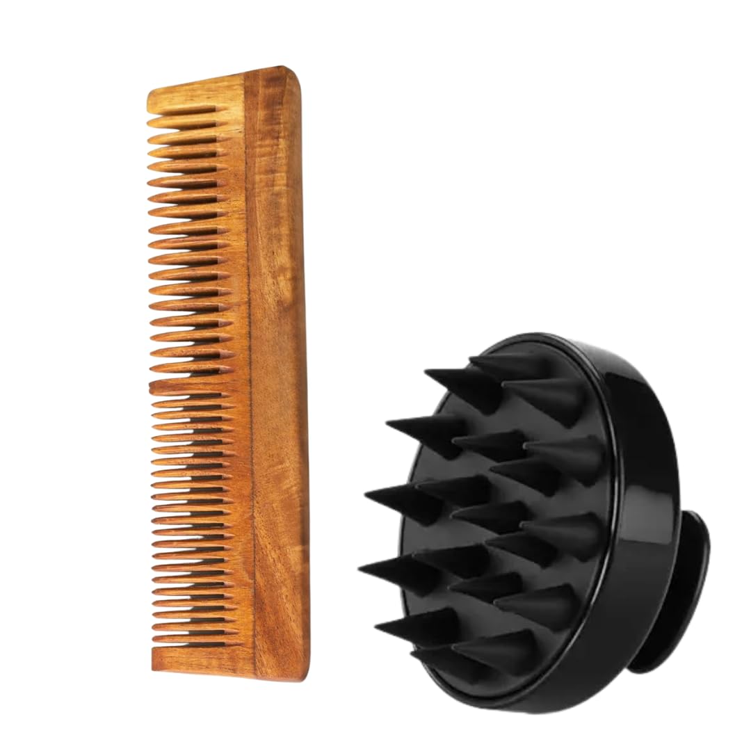 Wooden Wide Tooth Comb & Scalp Massager Brush Combo – Anti Frizz Detangling Comb, Hair Fall Control, Scalp Stimulating Massage Brush for Hair Growth, Suitable for Men & Women-picture-42