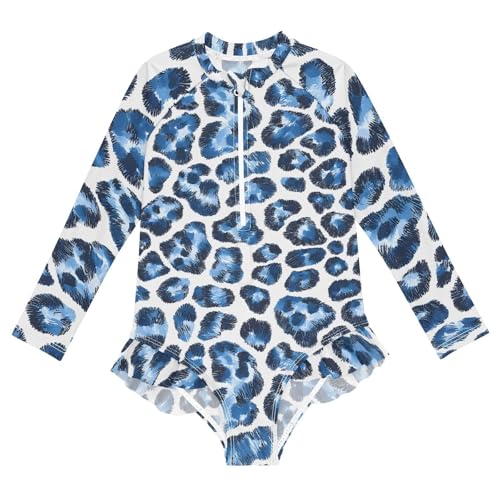 Girls One Piece Swimsuits Long Sleeve Swimsuit Zipper Bathing Suits Blue White Leopard Print