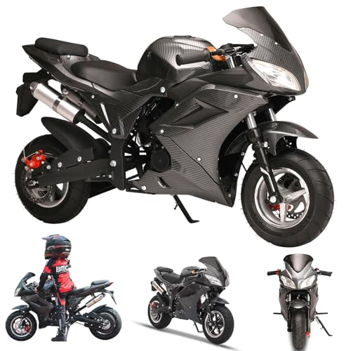 BESUFY 49cc 4-Stroke Pocket Rocket Motorcycle, Gas Pocket Motorbike with Front Rear Disc Brakes, Realistic Racing Max Speed 25MPH, Mini Bike Max Weight 440 LB, Dual Headlights, Kids Gift Black
