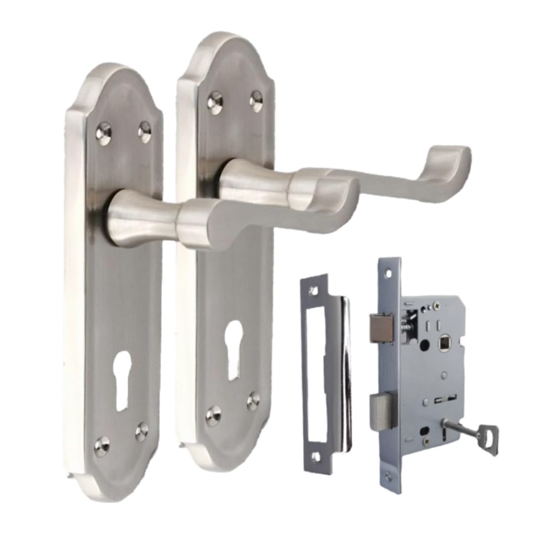 Epsom Door Handle Victorian Style Satin Nickel Internal Lock Door Handle Set – Lever on Backplate – Includes 3 Lever Mortice Sash Lock – 1 Pair