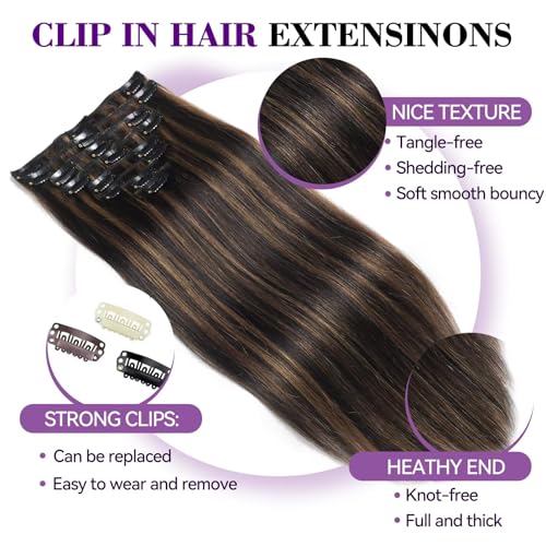 Image of Clip in Hair Extensions Real Human Hair 18 inch 100g /3.6oz Straight Seamless Invisible Human hair Extensions Clip ins for Women Double Weft 8pcs Balayage Black Brown Highlight Chestnut Brown