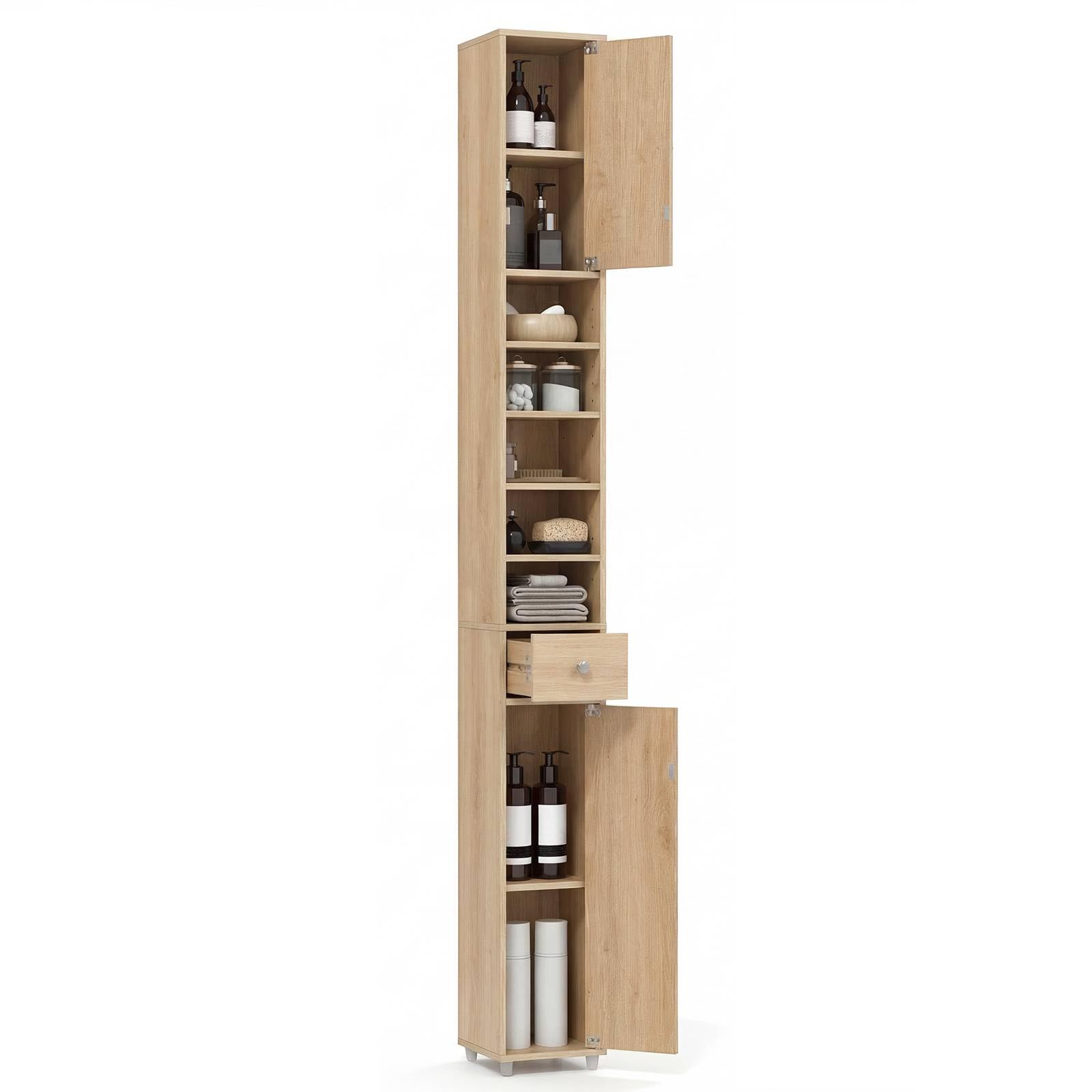 COSTWAY Slim Bathroom Tall Cabinet, Freestanding Storage Cupboard with 2 Doors, 1 Drawer & Adjustable Shelves, Wooden High Floor Cabinet Unit for Bathroom Living Room, 20x20x180cm (Natural)