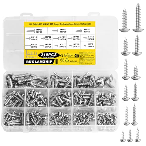 210 Stück M3 M4 M5 M6 Blechschrauben Selbstschneidende Schrauben, Linsenkopfschrauben, Kreuzschlitzschrauben mit Flachem Kopf Flachkopfschrauben, Rundkopfschrauben Geräteschrauben Sortiment Set