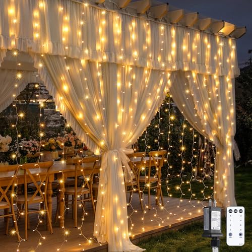 JMEXSUSS 900 LED Outdoor Curtain Lights, 9.5x29.5ft Christmas Lights Plug in with Remote, Twinkle Hanging String Light for Bedroom Wall Wedding Backdrop Window Gazebo Decor, Warm White