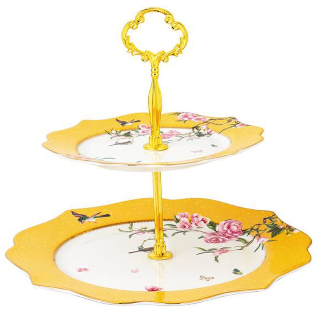 Eplze Pink Peony Flowers Pattern Ceramic Cake Stand, Bone China 2-tier Cake Stand for Afternoon Tea or Home DΓ©cor- Yellow (Cake Stand)