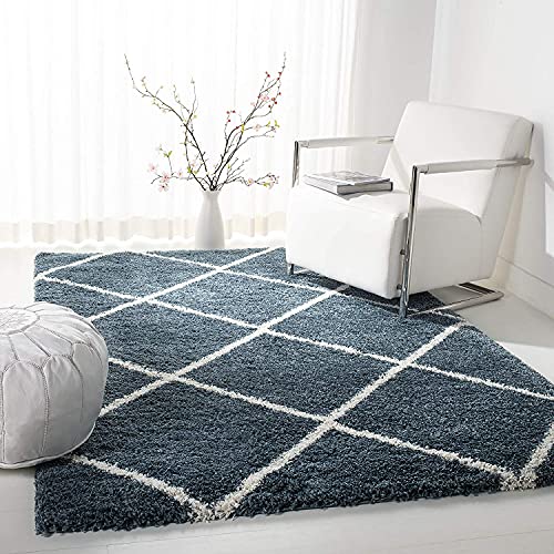 Image of Modern Anti Slip Shaggy Fluffy Fur Rectangular Rug And Carpet For Living Room, Bedroom (6X9 Feet, Blue & Ivory)