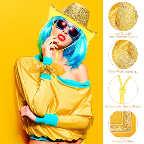 Image of Coume 12 Pcs Sparkly Adults Cowboy Hat and Bandanas Women Men Western Glitter Cowgirl Party Hats with Adjustable Drawstring