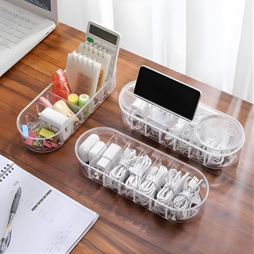 Image of Hian Transparent Rectangular PET Plastic Cable Organizer Box with Lid - 7 Compartment Storage & Wire Management for USB, Data Cables, Small Accessories, Stationery for Home & Office, Pack of 1