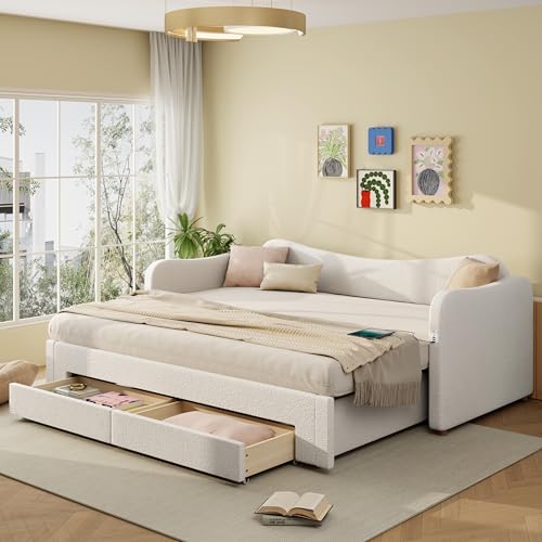 TOBIDOEN Cama de día 90 x 200 cm con cama nido, 2 cajones de almacenamiento y US/B, extensible a 180 cm, mecanismo de extracción suave y cabecero acolchado ergonómico, color beige