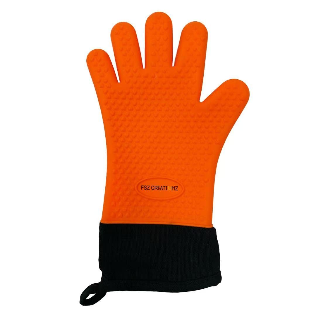 FSZ Creationz, Orange Heat Resistant Oven Gloves/Mitts, Silicone Kitchen Gloves, Non-Slip Pot Holder Gloves, 1 Size Fits All, Water Proof Men & Women Kitchen Gloves for Cooking,Baking,BBQ