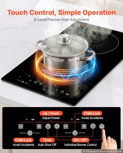 Image of VEVOR Built in Electric Stove Top,Electric Induction Cooktop 12In 2 Burners, Induction Cooktop, Touch & Independent Control, 9 Power Levels, Easy-Clean Ceramic Glass, Child Lock, 1800W, 110V US Plug