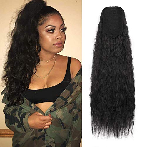 Sidaila 26 Inch Long Curly Drawstring Ponytail Hair Extensions Synthetic Corn Wave Ponytail Hairpieces for Black Women (Off black)