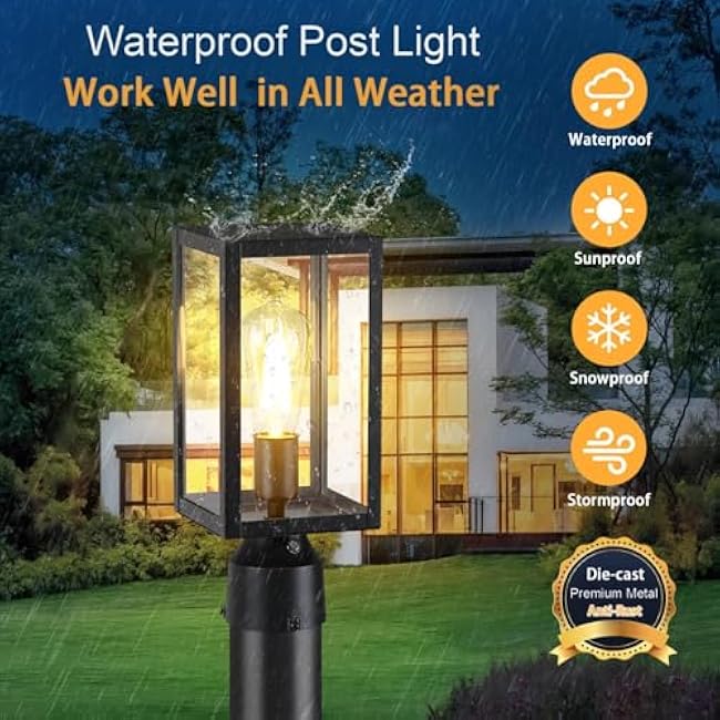 Outdoor Post Lights with Pier Mount Base, 2-Pack Modern Lamp Post Light Fixture Waterproof Pole Lights Outdoor Column Lights Exterior Post Lantern with Clear Glass for Garden Patio