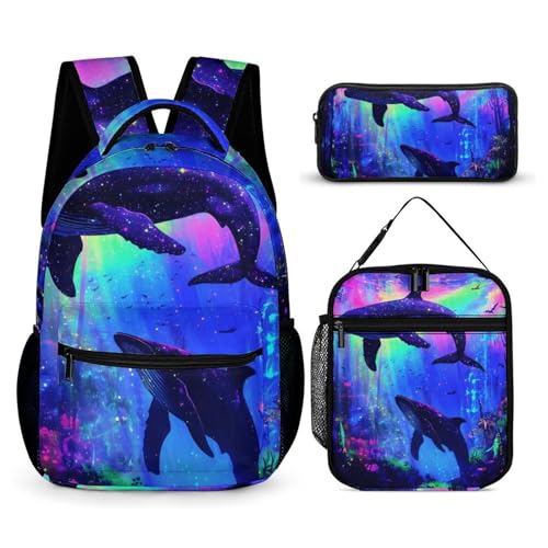 Psychedelic Shark Whale Colorful Backpack Shoulder Bags Lunch Bag Pencil Case Box 3 Set Daypack Cute