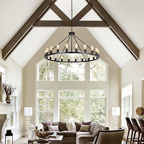 Senyshilon Wagon Wheel Chandelier, Large Black Farmhouse Chandelier for Dining Room Light Fixture, 20-Light 48 Inch Extra Hanging Lighting for High Ceilings Living Room Kitchen Island Foyer Villa by Senyshilon - Image 4