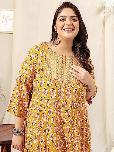 Image of MIRCHI FASHION Plus Size Women's Cotton Sequins Embroidered Foil Printed Anarkali Kurti
