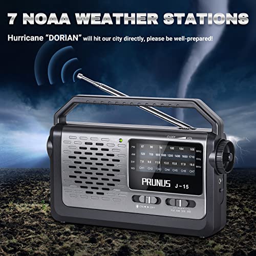 Image of NOAA Weather AM FM Portable Radio with Best Reception,Flashlight, Earphone Jack,Battery Operated Radio by 3X D Cell Batteries or AC Power for ICE Storms Emergency Use,Plug in Wall by PRUNUS J15WB
