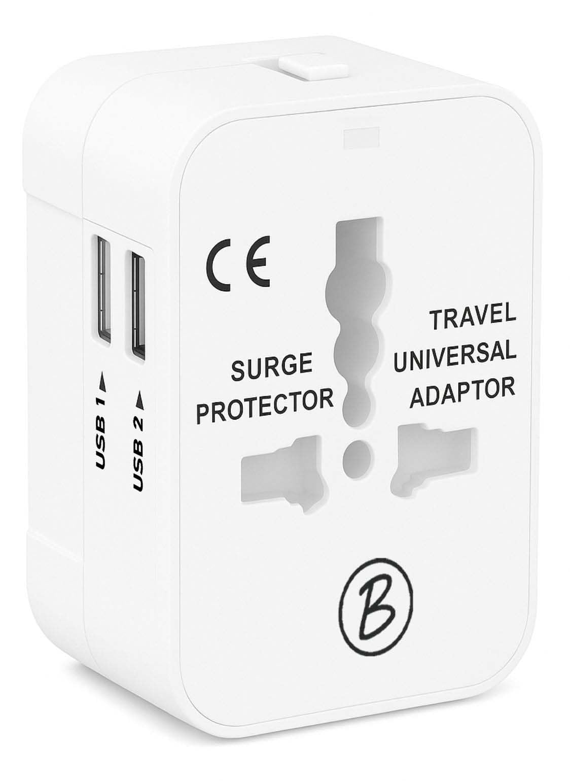 Btag Universal Travel Adapter All in One Worldwide, Travel Adapter and Wall Charger with USB Ports with Multi Type Power Outlet (2U - USB 2.1A,100-240) Voltage (White)
