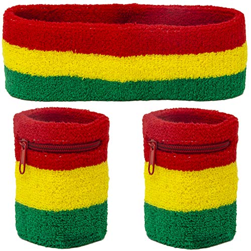 Funny Guy Mugs Unisex Sweatband Set (3-Pack: 2 Wristbands with Zipper/Wrist Wallet & 1 Headband)