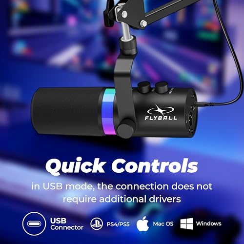 Image of FLYBALL Studio-Grade XLR /USB Dynamic Microphone with Boom Arm, RGB Gaming Podcast Mic, Gain Control, Volume Knob, Headphone Monitoring for YouTube, Streaming, Recording (UG 300 PRO)