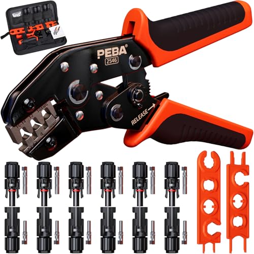 PEBA Crimping Tool Kit, Solar Crimper for AWG 16-10 Solar Panel Cable Wire, with 6 Pairs IP68 Solar...