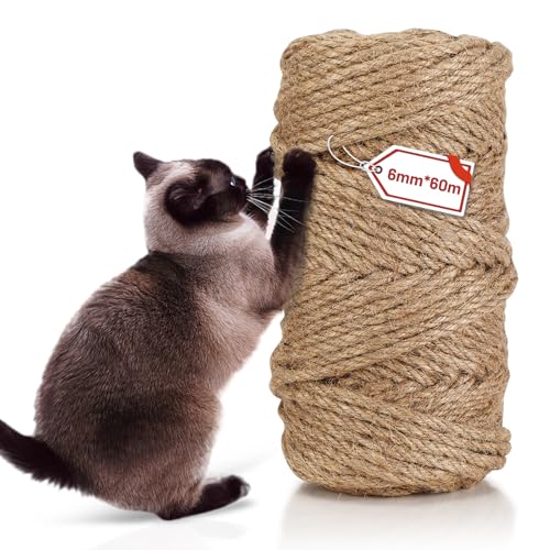 Sisal Rope 60 m x 6 mm,Natural Sisal Rope for Cats,Kratzseil Katzenzubehör, Natur Sisal Seil für Katzen, Kratzbaum, Kratzseil, Haushalt, Garten, DIY, Dekoration