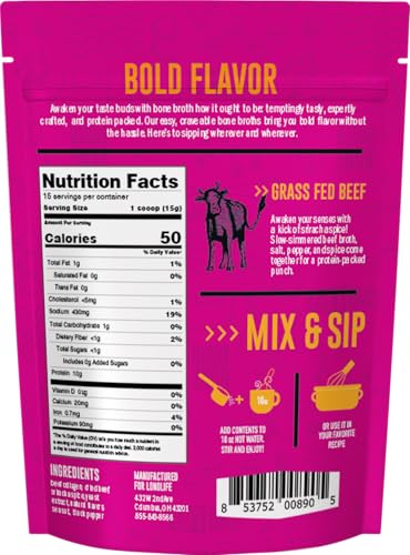 Image of LonoLife Low Sodium Beef Bone Broth Powder Mix | Grass-Fed, 10g Protein | Collagen-Rich, Keto & Paleo Friendly | Natural Ingredients | 4 Portable Stick Pack Servings