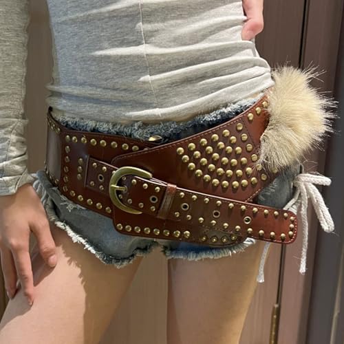 Studded Waistband for Women Elegant Furred Plush Luxurious Belt Maillard Color Retro Girdle Belt Stylish Punk3