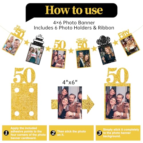 Image of Guiruiy Black Gold 50th Birthday Decorations for Men Women, Pre-strung Glitter Happy 50th Birthday Hanging Photo Banner Party Supplies, Cheers to 50 Years Old Bday Banners