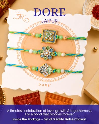 Image of Hyperfoods Rakhi for Brother with Dry Fruits Rawfruit's Handcrafted Potli Blue And Red with Thali Roli & Chawal Rakhi Gift Hamper for Brother Pack of 4 Cashew Almond Pistachios Raisins 495gm With Set of 3 Meena Rakhi