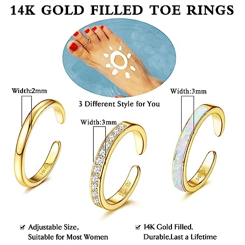 Jstyle 3PCS 14K Gold Filled Toe Rings for Women Adjustable Silver Gold Toe Ring Set Cute Opal CZ Daisy Flower Toe Rings Open Band Hawaiian Beach Summer Foot Jewelry for Women4