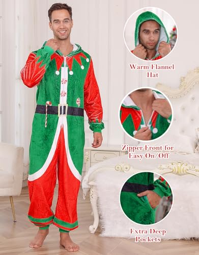 Christmas Onesie Pajamas for Men Adult One Piece Hooded Flannel Zipper Pjs with Pockets4