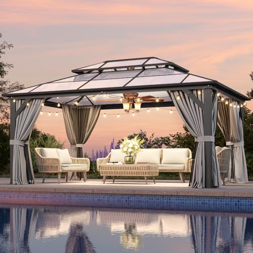 Aoxun 12'x16' Hardtop Gazebo, Aluminum Frame Permanent Pavilion with Curtains