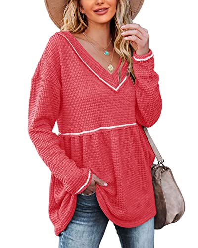 Saodimallsu Damen Waffel Pullover V-Ausschnitt Langarm Schößchen Tops Babydoll Casual Flowy Swing Pullover Sweater, rot, L Cover