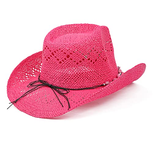 Tovoso Western Cowgirl Hat, Straw Cowboy Hat For Women With Shapeable Brim, Beaded Hearts Trim, Shapeable Cowboy Hat, Fuchsia #TOP4