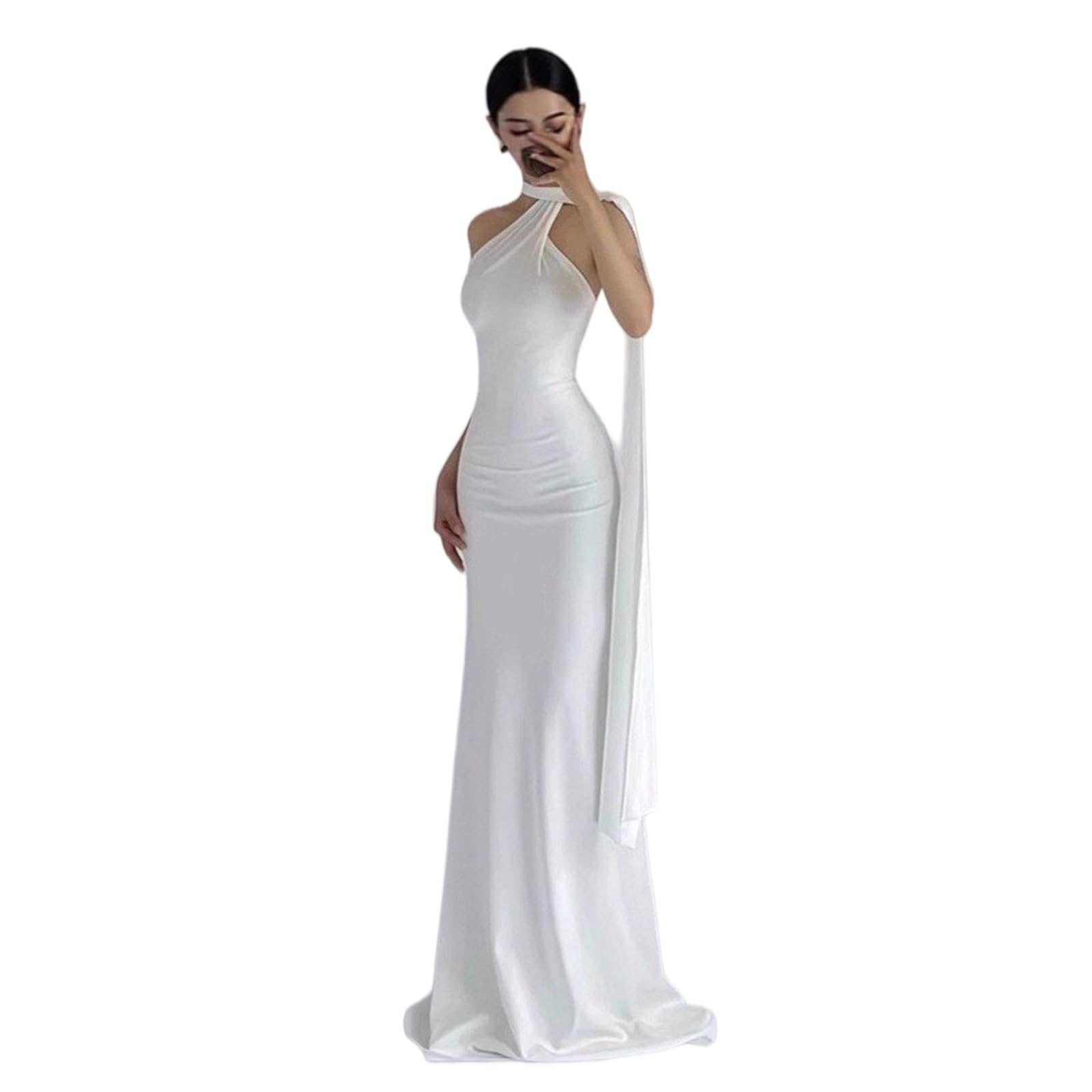 Abito Donna Halter Raso Maxi Nastro Drape Sirena da Sera, Liscio Opaco per Il Matrimonio-White-m