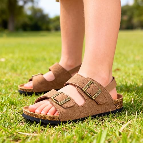 Image of ZUSERIS Kids Toddler Sandals for Boys Girls Summer Cork Footbed Slides Non-slip Comfort Suede Leather with Adjustable Straps for Indoor Outdoor, Size 8 Toddler