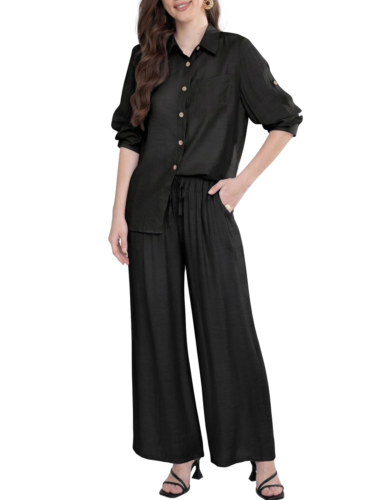 Adigaber Chándal de Manga Larga para Mujer Camisa con Botones y Holgado Cintura Alta Pierna Ancha Cordón Pantalones con Bolsillos — view 9